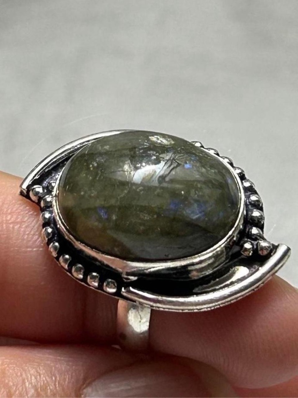 925 Silver Labradorite Statement Ring - Olive Green
